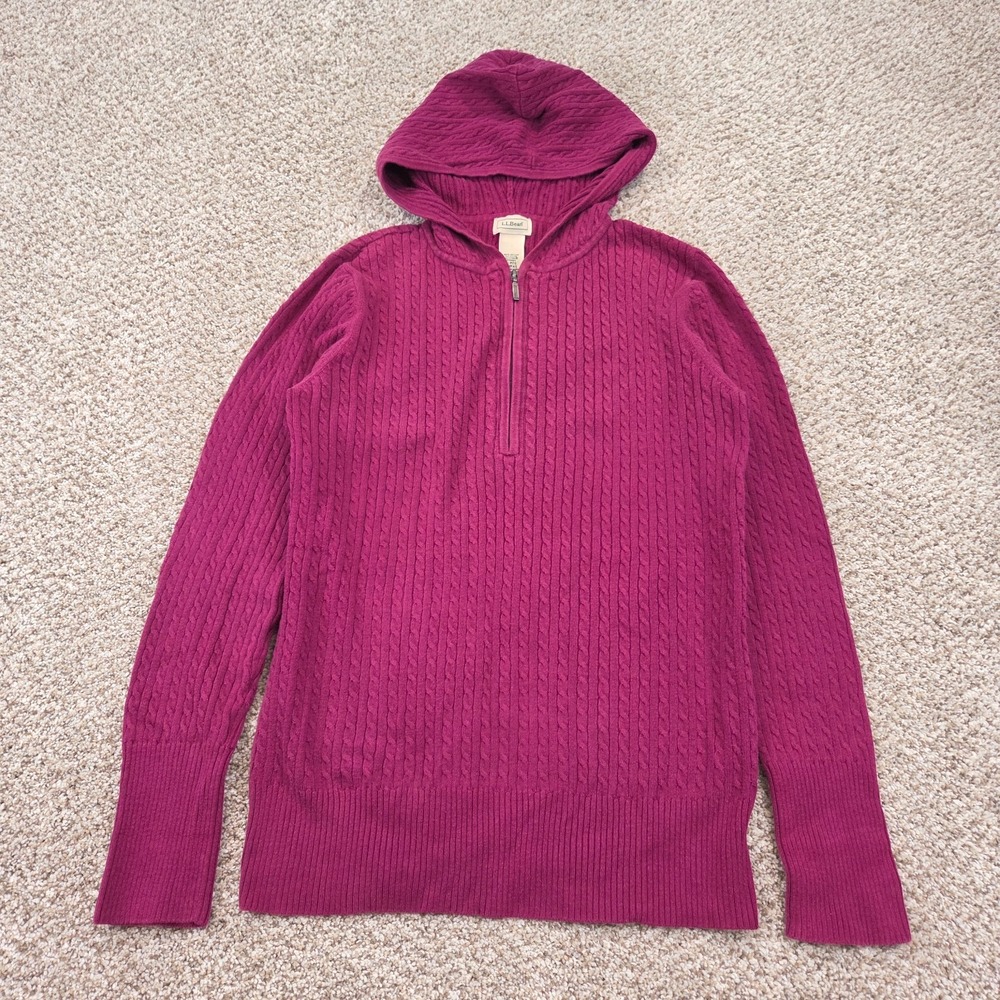 LL Bean Women's L Magenta Cotton Blend Cable Knit 1/4 Zip Hooded Sweater